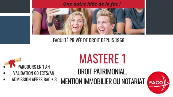 Mastère 1 en DROIT PATRIMONIAL (Mention Immobilier ou Notariat)